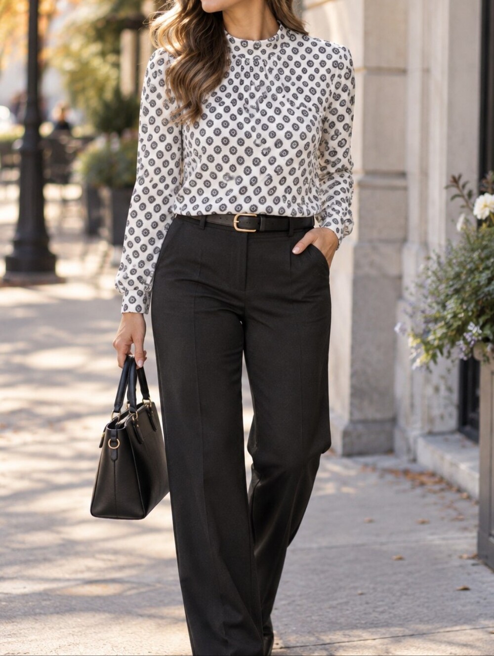 Lands' End White Black Ring Print Long Sleeve Stretch Top Blouse Casual Career